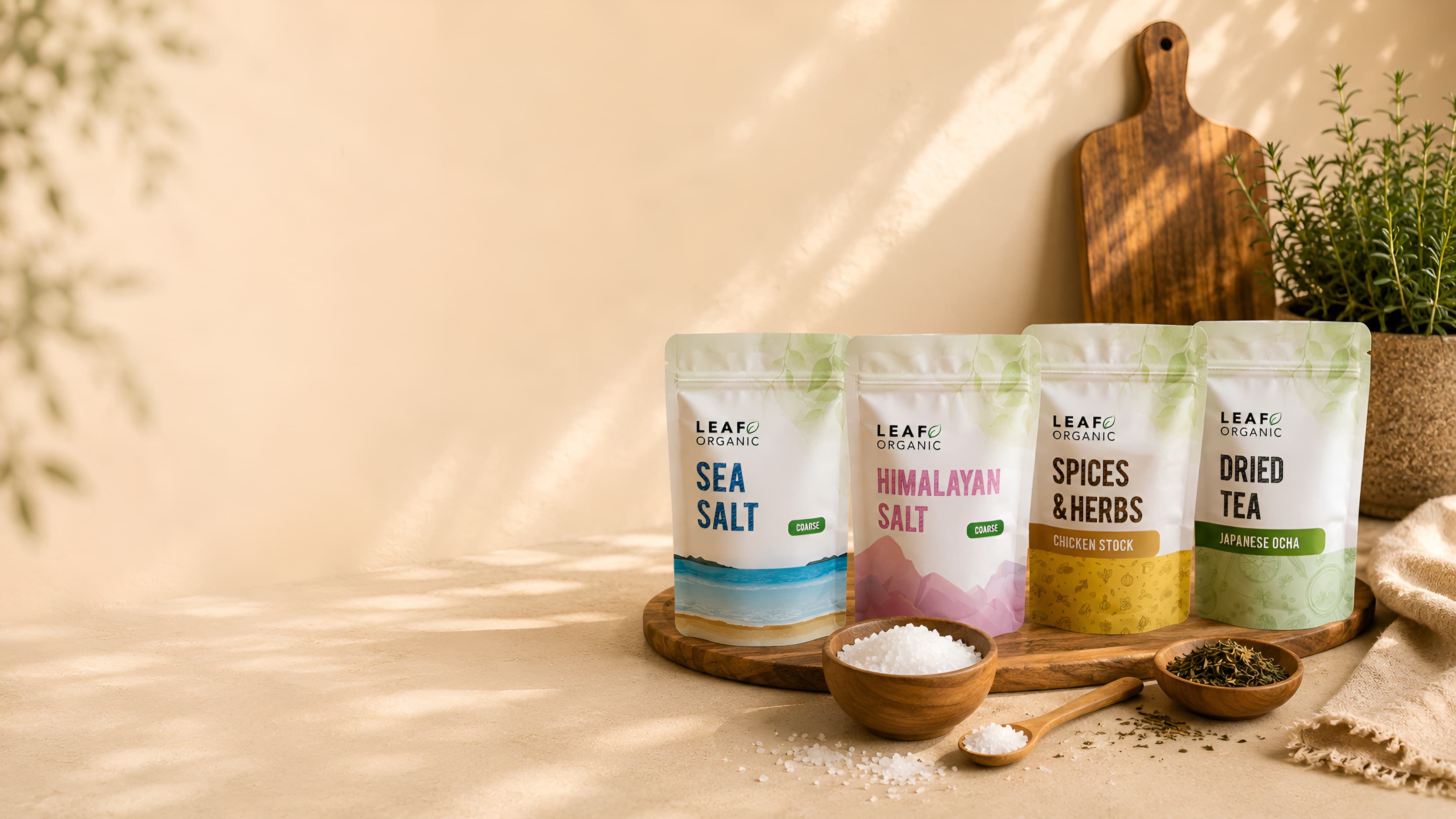 Produk premium Leaf Organic — garam, rempah, dan teh alami berkualitas